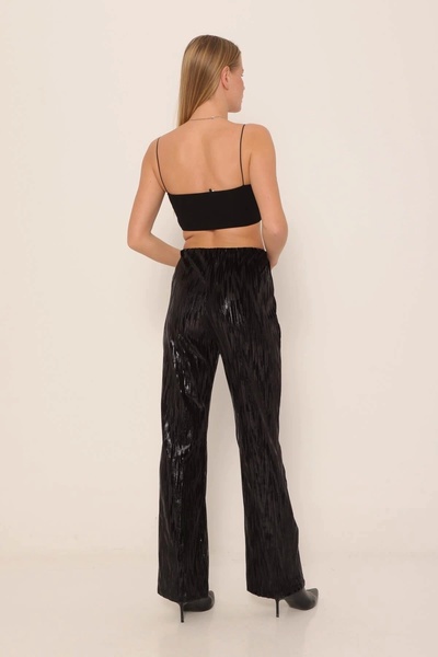 Selence Beli lastikli dijital baskı kadife pantolon siyah