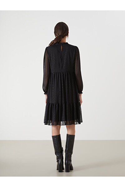 LC Waikiki Black Stand Collar Patterned Dress