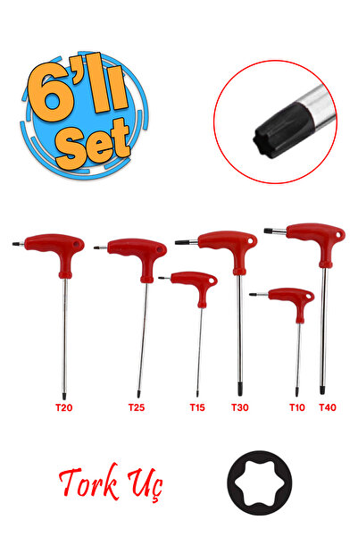 Badem10 Tork Alyan Tornavida Seti Çelik ve Mıknatıslı T10 T15 T20 T25 T30 T40 Saplı İki Yön Uç 6 'lı Set