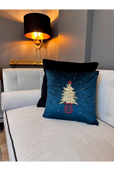 ref crea Тъмносиня бродерирана калъфка за възглавница с коледна елха