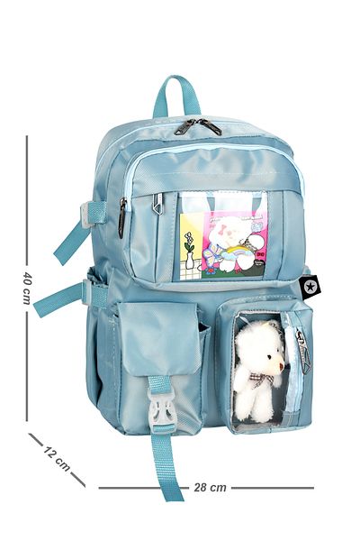 Bliss Geantă de școală albastră Kawaii în stil coreean cu accesorii Rucsac pentru fete și băieți