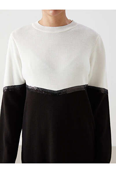 LC Waikiki Black Crew Neck Color Block Women's Knitwear Dress