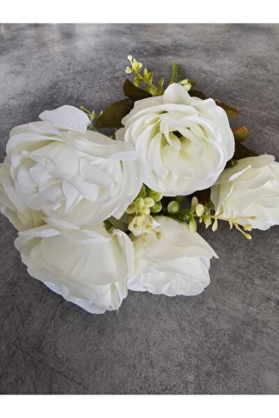 YAPAY ÇİÇEK DERYASI 7 Kafalı Şimşir Aranjmanlı Beyaz GÜL Demeti Buket Gül Vazo Saksı Dekor aranjman çiçeği