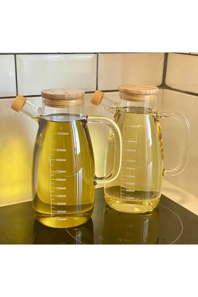 Kitchen Pembelia 2’li Bambu Vakum Kapaklı 1000ml Yağlık Borosilikat Cam Yağda...