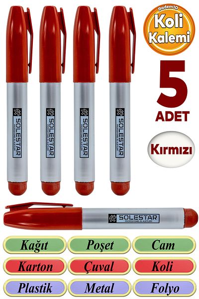 Badem10 Red Waterproof Pen - Non-Removal Parcel, Marking and Marking Pen, Metal Glass Sack 5 Pcs