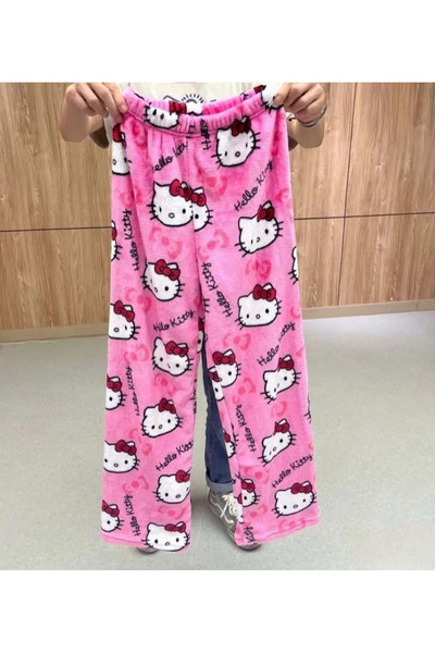 Gofeel Harajuku Hello Kitty Peluş Halloween Baskılı Unisex Oversize Bol Paça Pijama