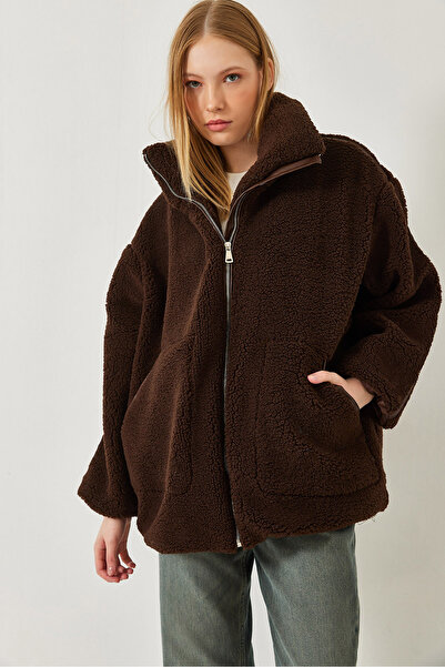 Bianco Lucci Women's Bitter Brown Leather Stripe Detailed Pocketed Zippered L...