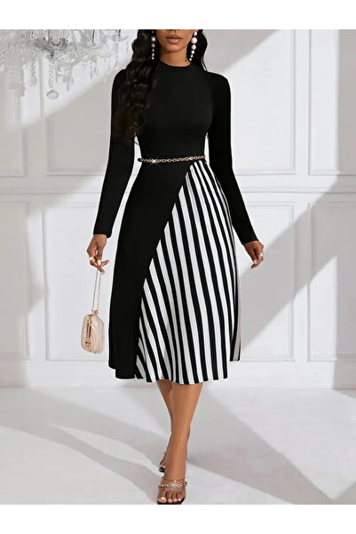 Moka Shopin Mokashopin Women's Long Sleeve Turtleneck Stripe Detailed Diving Dress