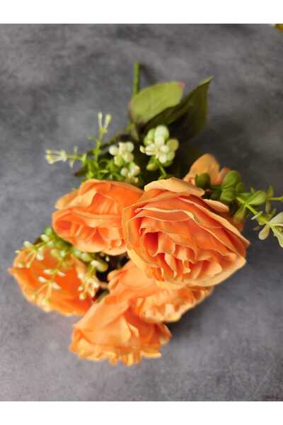 YAPAY ÇİÇEK DERYASI 7 Kafalı Şimşir Aranjmanlı turuncu GÜL Demeti Buket Gül Vazo Saksı Dekor aranjman çiçeği