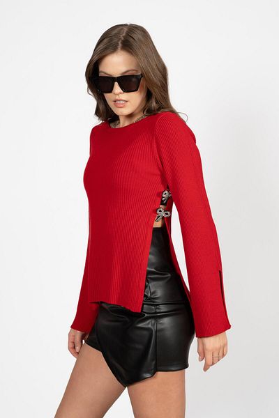 RTD&VLD Women's Vita-S53 Bow Stone Sleeve Slit Blouse Red