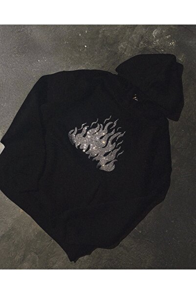 Sekizbiraltı Flame Stone Printed Oversize Unisex Μαύρο Hoodie