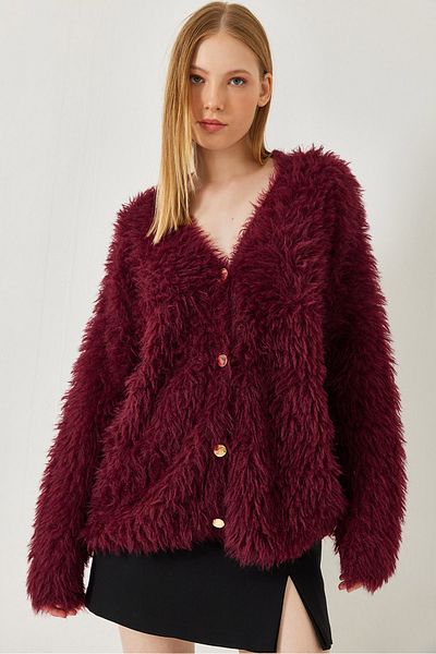 Bianco Lucci Women's V-Neck Buttoned Soft Bearded Knitwear Cardigan 241149 60261298