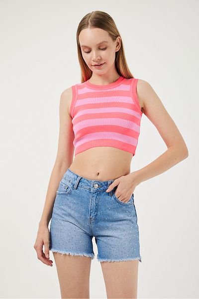 POODLE Γυναικείο πλεκτό με ριγέ γιακά Halter Crop