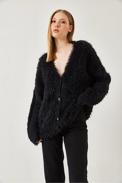 Bianco Lucci Women's V-Neck Buttoned Soft Bearded Knitwear Cardigan 241149 60261298