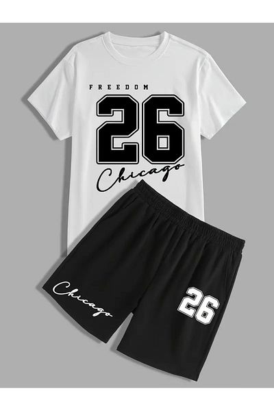 Hunors Sportswear & Company Men's White Black Oversize Freedom Printed Crew Neck Short Sleeve T-Shirt Shorts Set