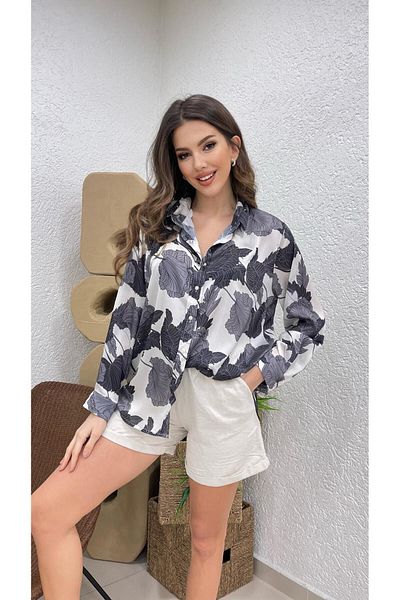 MODA Cămașă lungă din șifon cu model negru pentru femei