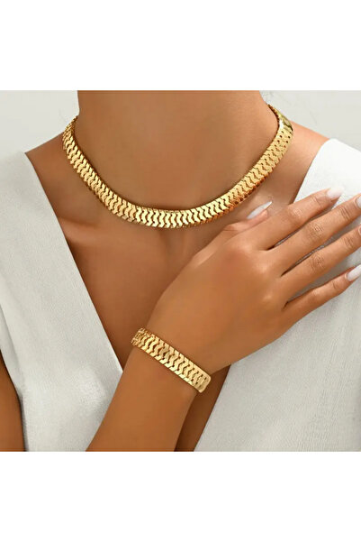 FM Antialerjik 316L Parlak Çelik Gold Renk Kolye ve Bileklik Set: Modern ve Z...