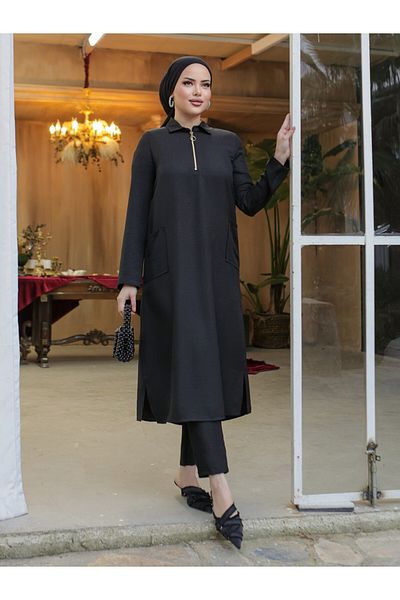 Modamorfo Long Linen Tunic with Collar Zippered Bag Pocket