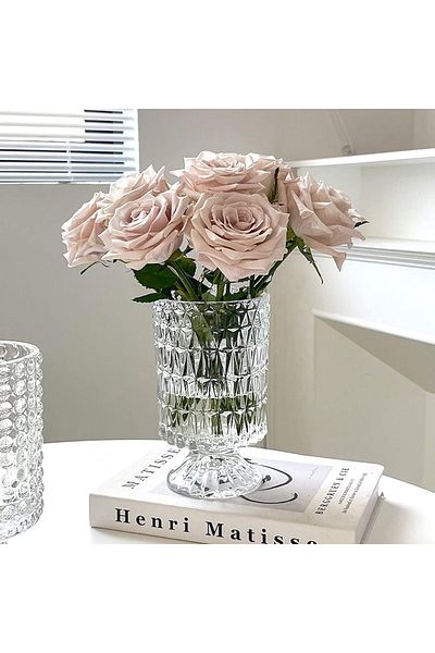 Home Zone Large Clear Pedestal Vases Crystal Glass Ribbed Footed Flower Vase (Long Rhombus Pattern)