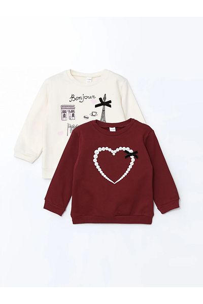 LC Waikiki Lcw Kids Burgundy Crew Neck Ribbon Girls' Sweatshirt Set of 2