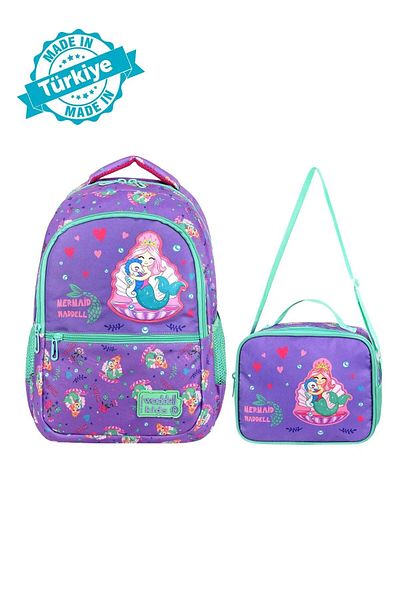 EFFE Rucsac și cutie de prânz pentru școala primară pentru fete, cu model de broderie din piele de sirenă cu licență Waddell