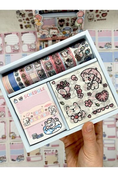Kağıt Gemi Dükkan Puppy Garden 10'lu Washi Bant(10*2m)+97 Adet Postit+10 Yaprak Sticker Set/Masking Tape/Desenli Bant