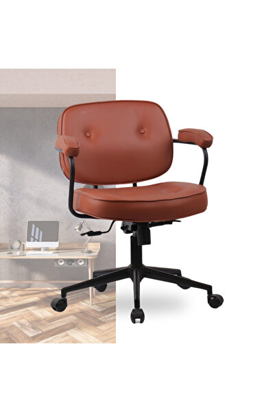 ATM MOBİLYA Ika Çalışma Sandalyesi, Taba Deri Metal Siyah Ayak