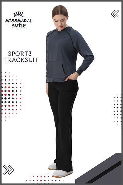 missmaral Women's Sports Tracksuit Set - Spanish Leg, Double Pocket, Hood, Kangaroo Pocket, Anthracite 3053