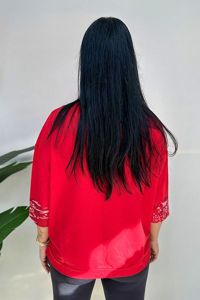GÖKSEL Rhinestone Printed Large Size Sweat - Red