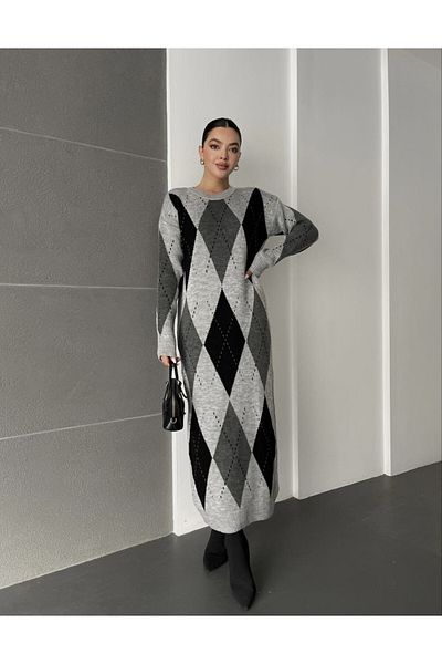 Modamorfo Long Soft Diamond Print Tricot Dress - Gray