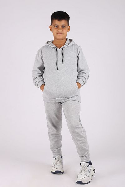han elegant Solid Color 2 Strings Seasonal Kangaroo Pocket Hooded Unisex Kids Tracksuit Set