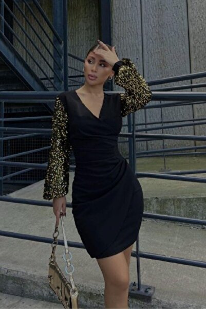 Mossta Double Breasted Mini Length Evening Dress with Sleeves Sequins Black