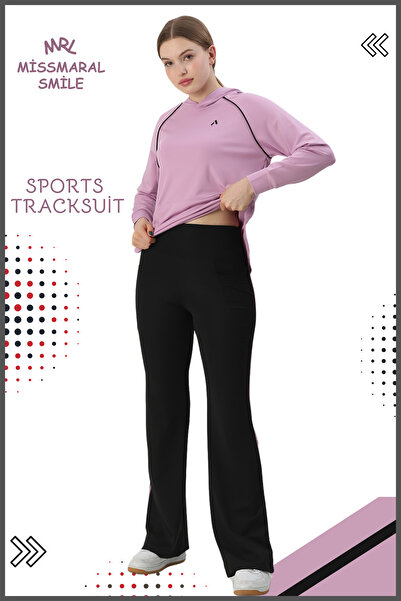 missmaral Kadın Spor Eşofman Takım İspanyol Paça Çift Cepli Alt &Kapüşonlu Kanguru Cepli Üst Lila Rengi 3053