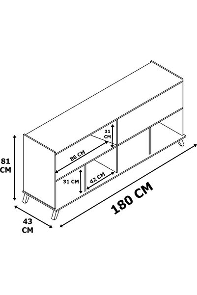 AEKA AE-2056 AKEL Atlantik Çam 4 KAPAKLI GENİŞ KONSOL 180 CM AYAKLI,RAFLI, YEMEK ODASI, TV SEHBASI