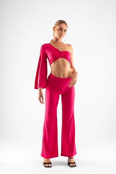 Bak Moda Single Sleeve Shoulder Detail Spanish Leg Fuchsia Suit