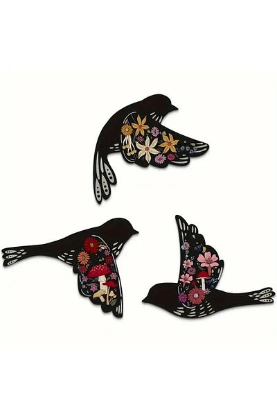 CajuArt Decorative Triple Black Flower Motif Birds Wooden Wall Decoration Painting Ornament