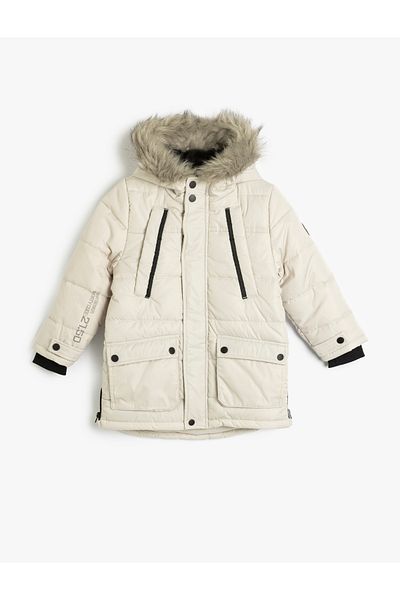 Koton Fur Hooded Coat Covered Pocket Zipper Detailed Windproof