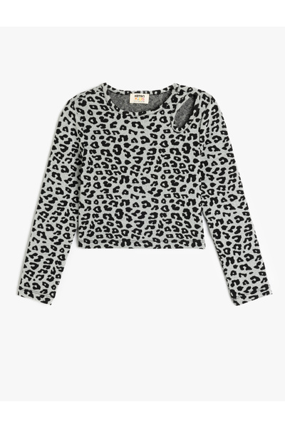 Koton Bluse mit Leopardenmuster, langen Ärmeln, Rundhalsausschnitt und Fenste...