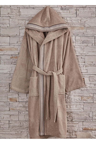 KÜBRAHOME'S Pamuklu Kapişonlu Tekli Erkek Bornoz Bej L/xl