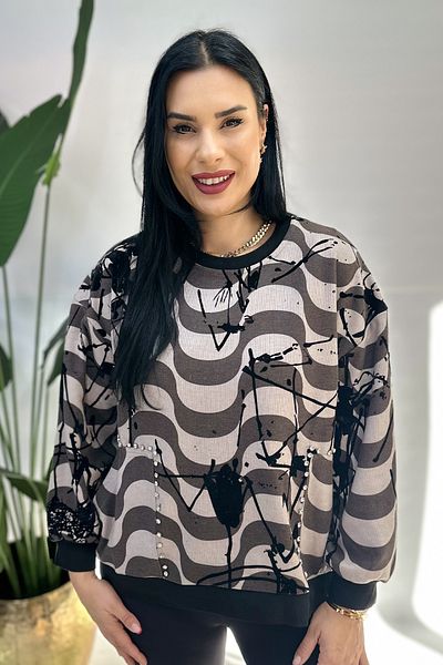 GÖKSEL Stone Printed Large Size Sweat - Beige