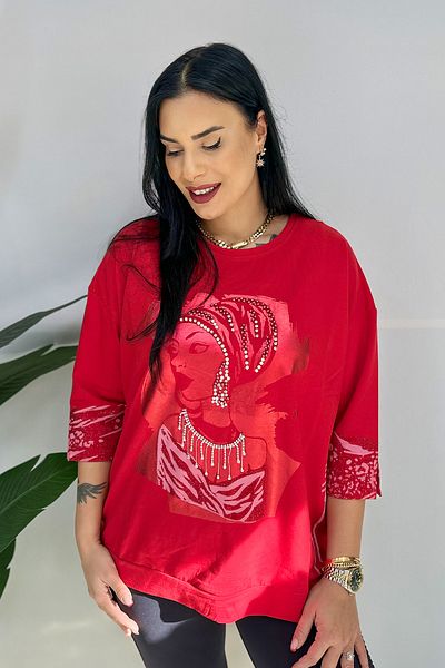 GÖKSEL Rhinestone Printed Large Size Sweat - Red