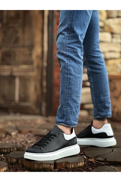 BOA Ba0547 Boa Thick High Sole Black White Piece Detail Lace up Sports Men's Shoes