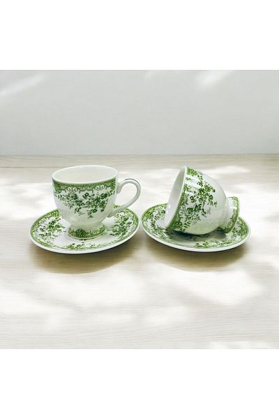ELZEY HOME Porcelain Set of 2 Vintage Patterned Coffee Cups