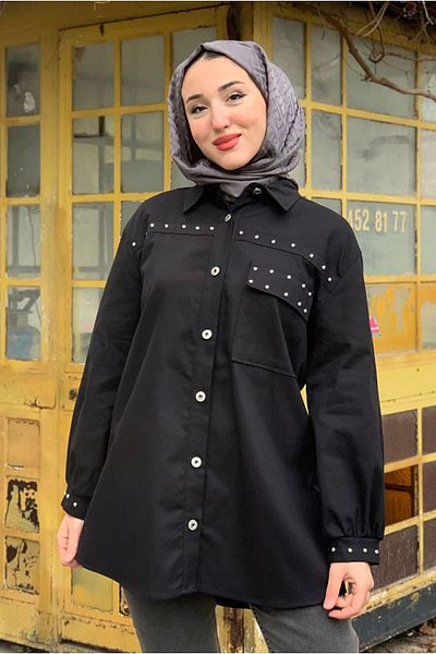 Moda Rosa 25K5372 - Black - Gabardin Shirt Jacket with Button Front