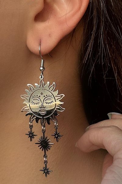 TAKIŞTIR Silver Color Sun Figured Steel Earrings (Pair)