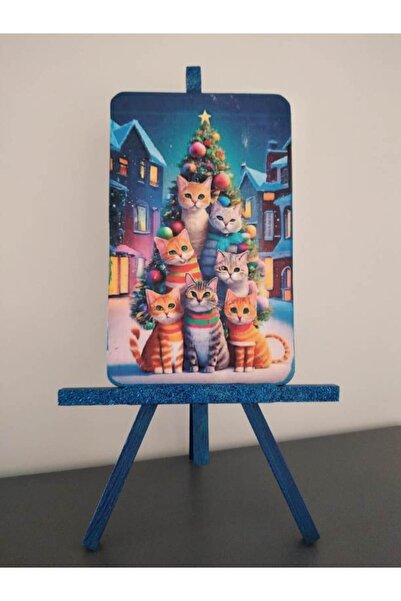 Mersin Alzheimer Derneği Ahşap Mavi Renk Sim Süslemeli El Yapımı Şovale Üzerine Yılbaşı Kedi Temalı Poster