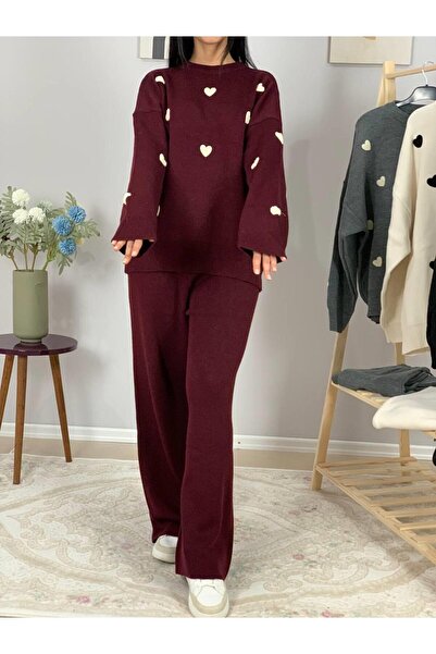 YusGos Women's Long Sleeve Heart Pattern Crew Neck Knitwear Sweater Pants Set