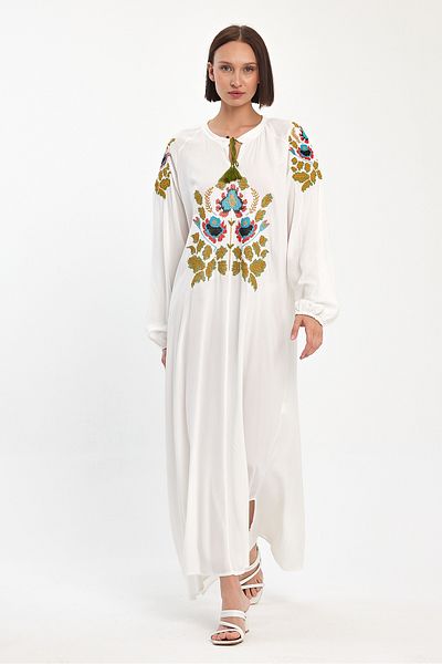 Denismoda Γυναικείο φόρεμα με κορδόνια με γιακά δικαστή Αυθεντικό κέντημα με λεπτομέρεια μακρύ βισκόζη