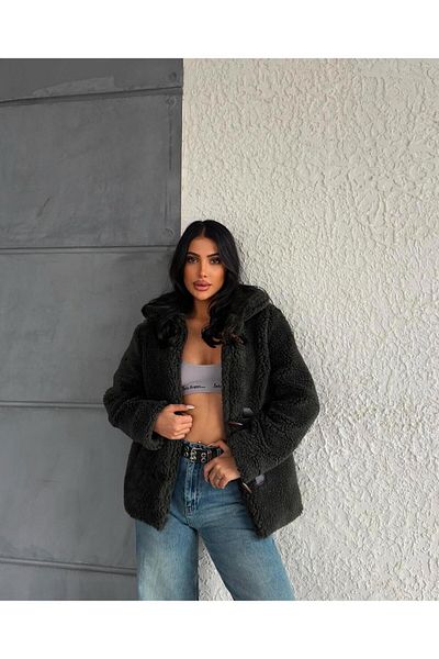 ribana Women's Ethnic Buttoned Lined Plush Coat Coat