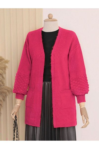 Modamorfo Balloon Sleeve Sleeve Pompom Pocket Cardigan -Fuchsia
